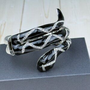 Coiled Snake Black Silver Enamel  Cabochon Cuff Bracelet Goth Serpent